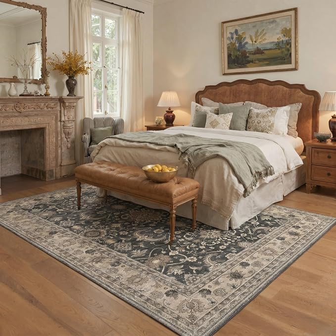 5X7 Area Rug for Living Room, Washable Boho Oriental Floral Non Slip | Easy Care Faux Wool Rug for Bedroom Dining Room, Dusty Taupe Vintage Floral Rug, Non-Shedding, Vacuum Friendly, Thin Indoor
