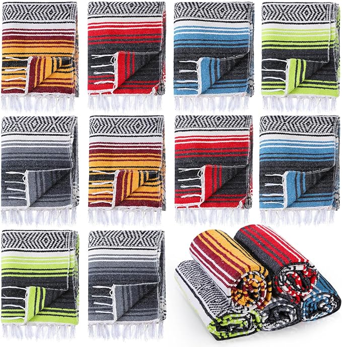 Preboun 10 Pieces Mexican Blanket Bulk Authentic Woven Yoga Blanket Large Picnic Camping Rug Colorful Striped Serape for Beach Outdoor Grass Car Home(Mixed Color)