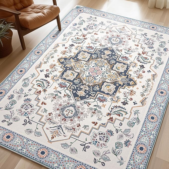 Phantoscope Washable Area Rug 5'x7' Non-Slip, Vintage Boho Rugs for Living Room, Bedroom, Dining Room, Persian Floral Medallion Pattern, Low-Pile Foldable Floor Carpet, Ivory Blue/Garden Bloom
