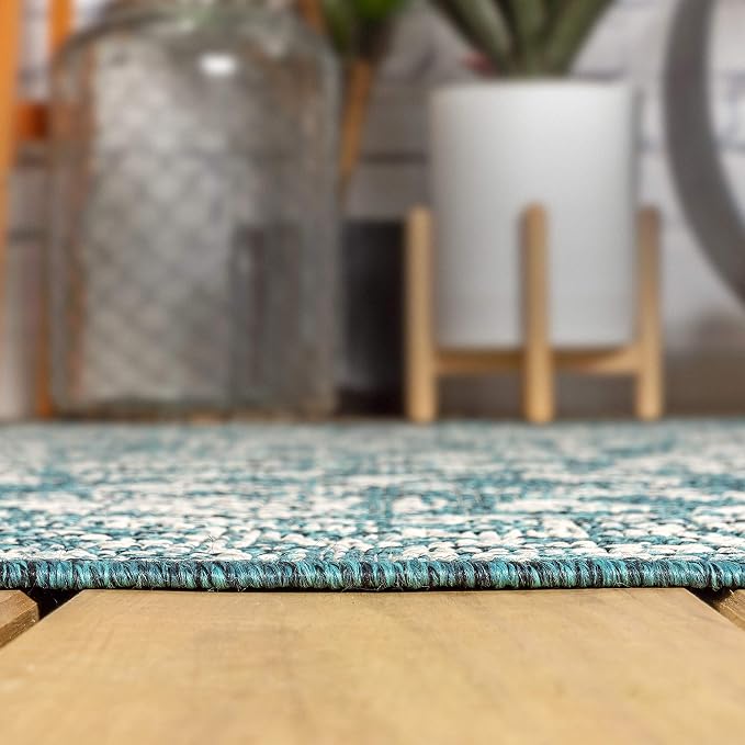 JONATHAN Y Weave Floral Indoor Outdoor Round Area Rug 6 Ft Teal/Gray, Tela Bohemian Textured for Backyard, Patio, Porch, Easy-Cleaning, High Traffic, Pet-Friendly, Non-Shedding (SMB100C-6R)
