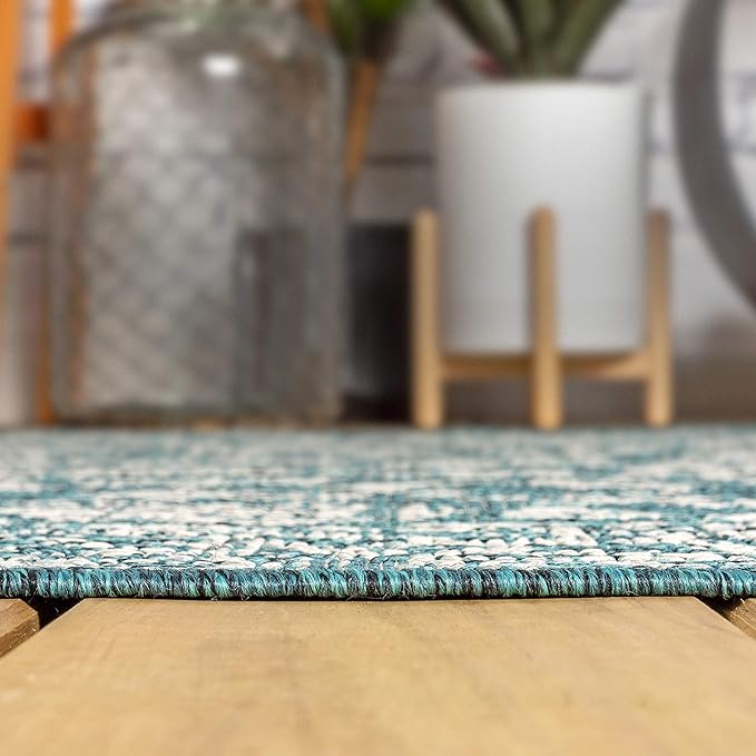 JONATHAN Y Weave Floral Indoor Outdoor Round Area Rug 5 Ft Teal/Gray, Tela Bohemian Textured for Backyard, Patio, Porch, Easy-Cleaning, High Traffic, Pet-Friendly, Non-Shedding (SMB100C-5R)