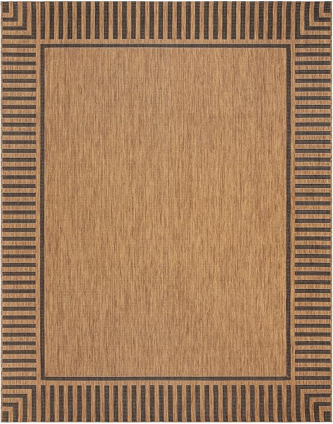 Gertmenian Indoor/Outdoor Flatweave Area Rug - 8x10 Large, Stain & UV Resistant, Quick-Drying, Ideal for Deck, Patio, Poolside, Mudroom - Klano Striped Chestnut, Black, 28802