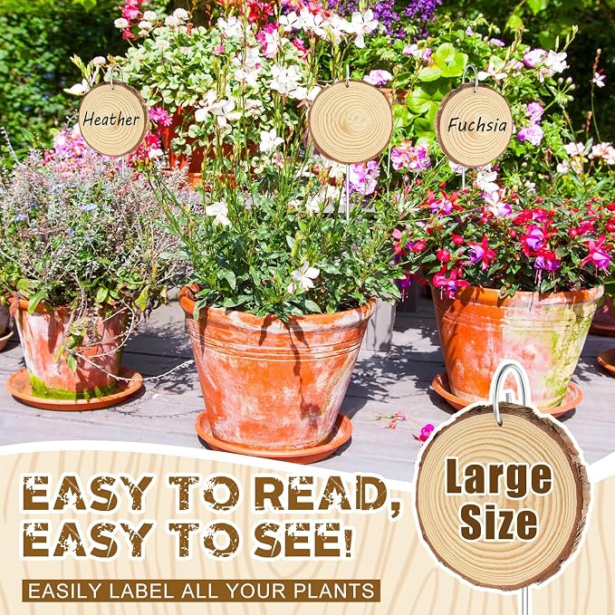 Hicarer 15 Set 4 Inch Large Wooden Plant Labels, 15 Pcs Garden Stakes(11.8 Inch Tall) &1 Marker Pen, Garden Markers Tags Sign for Flowers Herbs Seed Vegetable, Hint: a Firm Push for Ideal Hang