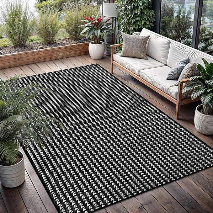 Washable Outdoor Rug 8x10 Modern Area Rugs Outdoor Carpets Striped Pattern Non Shedding Waterproof Easy Clean Patio Deck Porch Living Room Bedroom Garden RV (8 X 10 Black)
