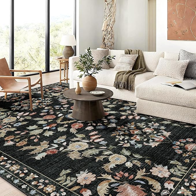 9x12 Area Rug Washable Floral Rug Non Slip Ultra-Thin Large | Machine Washable Throw Carpet for Living Room Bedroom Dining Room Floor Indoor Low Pile Boho Vintage Black