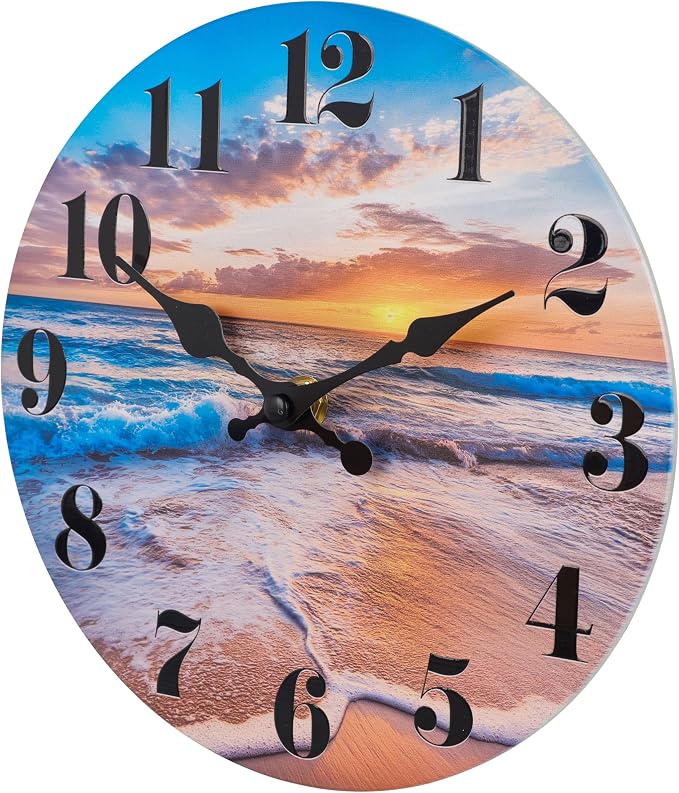 Wall Clock Battery Operated Beach Coastal Theme Indoor Outdoor Waterproof Decor for Bathroom Bedroom Patio Pool Home (8 Inch,Blue)