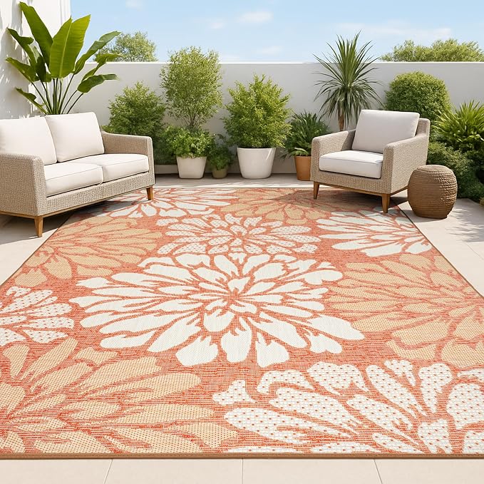 JONATHAN Y Floral Textured Weave Indoor Outdoor Area Rug 3X5 Orange/Cream, Zinnia Modern for Backyard, Patio, Porch, Easy-Cleaning, High Traffic, Pet-Friendly, Non-Shedding (SMB110E-3)