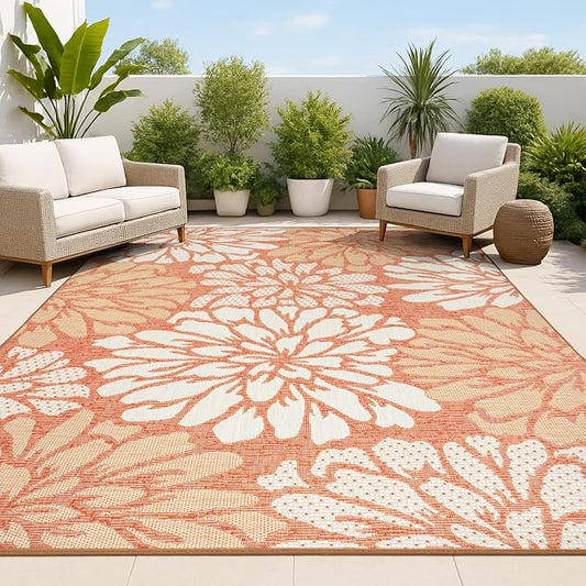JONATHAN Y Floral Textured Weave Indoor Outdoor Area Rug 3X5 Orange/Cream, Zinnia Modern for Backyard, Patio, Porch, Easy-Cleaning, High Traffic, Pet-Friendly, Non-Shedding (SMB110E-3)