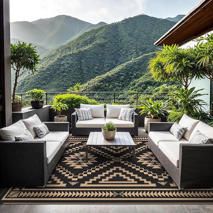 GENIMO Outdoor Rug for Patio Clearance - 9x12 ft Waterproof Plastic Camping Rugs, Reversible Outside Rv Mat Carpet for Porch, Deck, Picnic, Balcony, Beach, Backyard, Black Brown