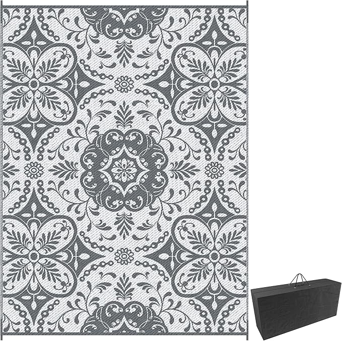 Outsunny Outdoor Rug for Patio, 9' x 12' Waterproof Large Mat, Reversible Plastic Straw Rug for Decor, Portable Outside RV Camping Area Carpet Mat for Backyard Porch Deck Picnic, Gray & White Floral