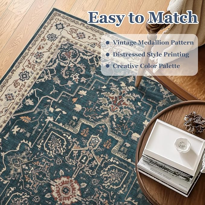 Distressed Vintage 5x7 Area Rugs for Living Room Bedroom Non Slip Washable, Medallion Pattern Printed Low Pile Farmhouse Carpet Rugs for Dining Room/Kitchen/Home Office, Deep Blue/Multi