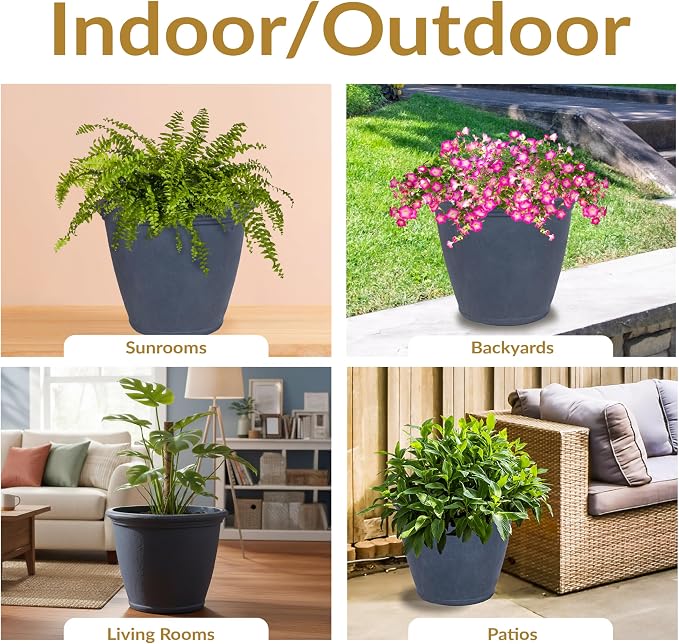 Sunnydaze 24-Inch Anjelica Large Plastic Pot for Plants - Outdoor Double-Walled Large Plastic Planter with Drillable Drainage Holes - Slate - 3pk