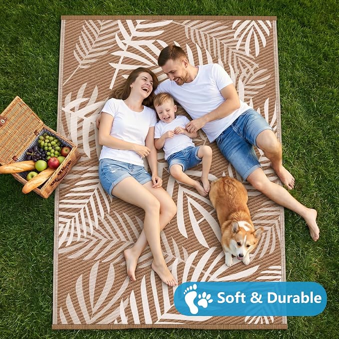 Kohree Outdoor Rug Waterproof 9x12, Reversible Outdoor Plastic Straw Rug with Leaf Pattern, Easy-Cleaning RV Mat Carpet for Patio, Porch, Camping, Balcony, Deck, Backyard, Brown & Beige