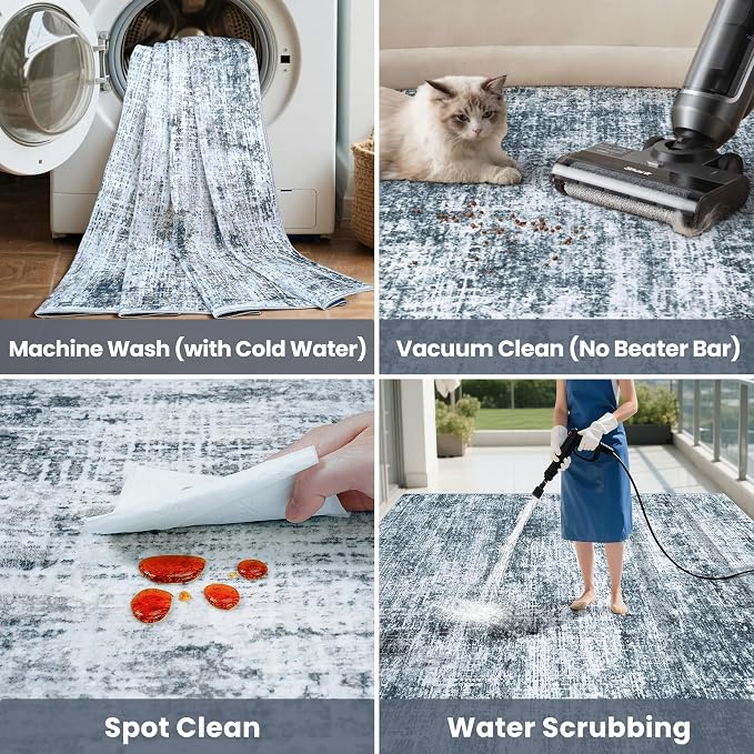 10x12 Area Rug for Living Room Bedroom: Non-Slip Modern Light Slate Blue | Machine Washable TPR Backing, Stain-Resistant Low Pile, Pet & Kid Friendly, Abstract Decor for Dining Room, Dorm, Home Office