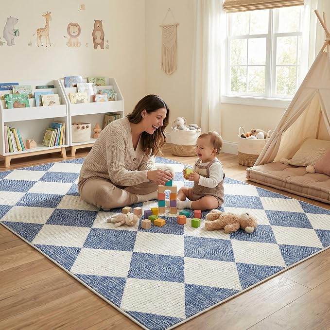 GarveeHome Navy Blue Area Rugs 8x10 Living Room Checkered Washable Rug | Large Soft Non Slip Backing Floor Mat Carpet Indoor Thin Rug for Bedroom Dining Room Playroom Nursery Home Decor