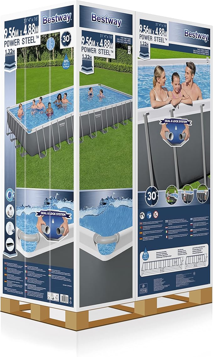 Bestway Power Steel Frame Pool Complete Set Square, with Sand Filter System, Ladder, Floor and Tarpaulin, 955x488x132 cm, Grey