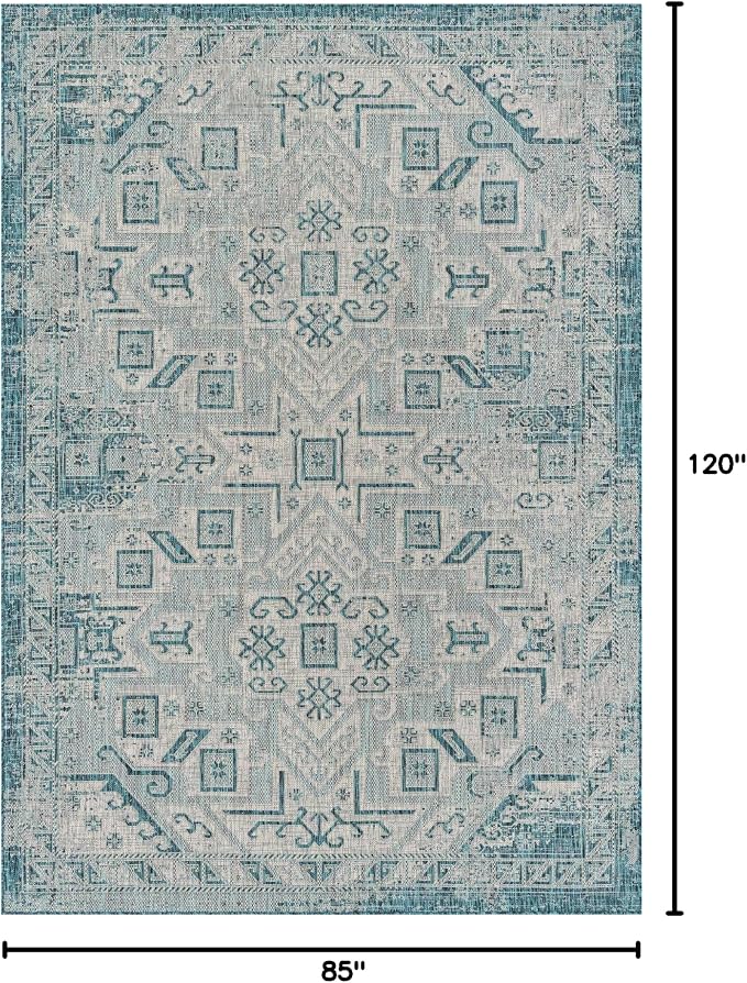 Unique Loom Outdoor Aztec Collection Area Rug - Coba (7' 1" x 10' Rectangle, Teal/ Ivory)