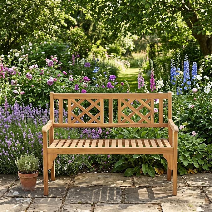 Giantex 4 Ft Foldable Outdoor Bench, Acacia Wood Outside Loveseat with Curved Backrest and Armrest, 705Lbs Weight Capacity, Garden Bench for Patio, Park, Porch, Balcony