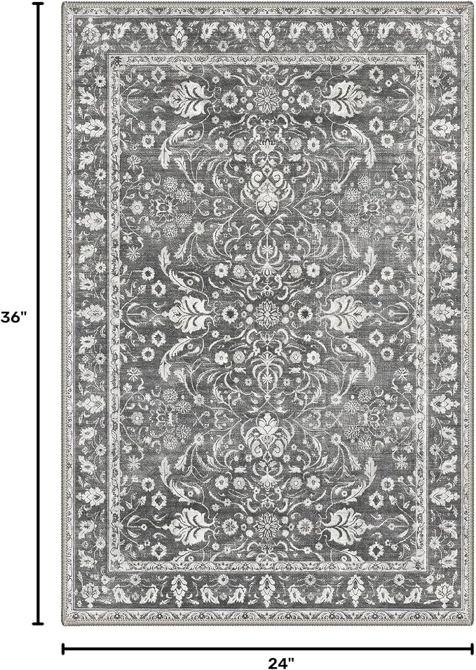 2x3 Doormat, Vintage Floral Washable Non Slip Area Rug for Entrance | Persian Floral Soft Low Pile Boho Rug for Entryway Bedside Kitchen, Stain Resistant Lightweight Easy Care, Charcoal Gray