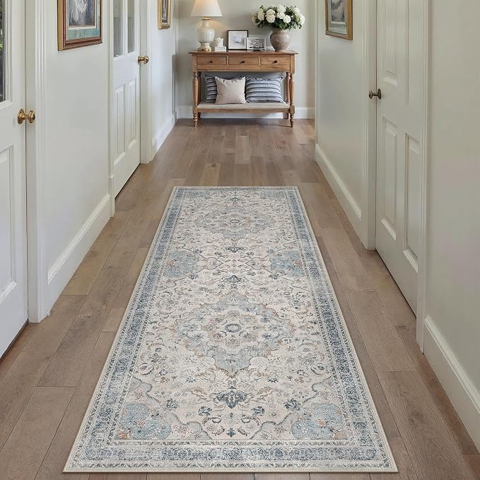 Blue Runner Rug 2.6x8 Entryway Vintage Floral Non-Slip Carpet | Machine Washable, Soft, Low Pile, Distressed, for Hallway, Kitchen, Laundry Room, Bathroom, Retro Neutral Decor