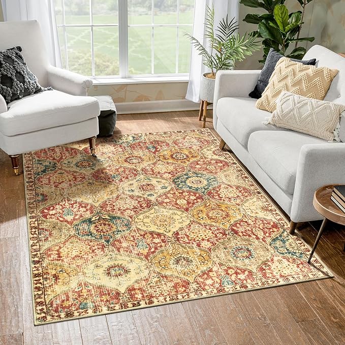 Lahome Moroccan Washable Small Area Rug, 3x5 Rug for Bedroom Living Room | Trellis Non-Slip Oriental Accent Throw Carpet for Kitchen Office Entryway Bathroom Office Elise, Red Orange