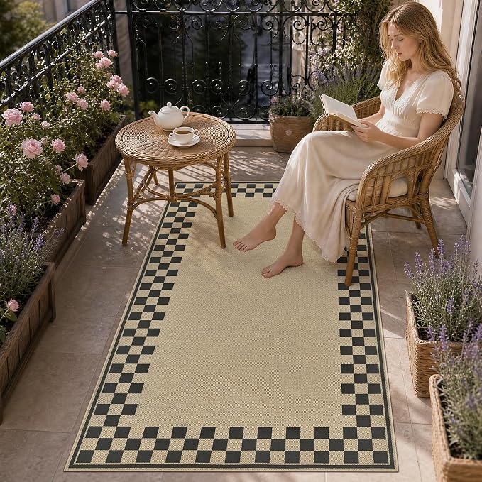 UERMEI 3x5 Outdoor Jute Area Rug Patio Farmhouse Checkered Brown | Indoor Outdoor Washable Non Slip Pet Friendly Carpet for Door Mat Area Rug for Patio Bedroom Living Room Kitchen Porch
