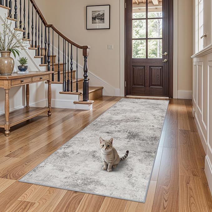Grey Abstract 3x8 Washable Rug:Non Slip Hallway Runner Rug | Non Slip Low Pile Soft Carpet, Perfect for Front Door, Kitchen, Bedroom, Entryway and Laundry Room