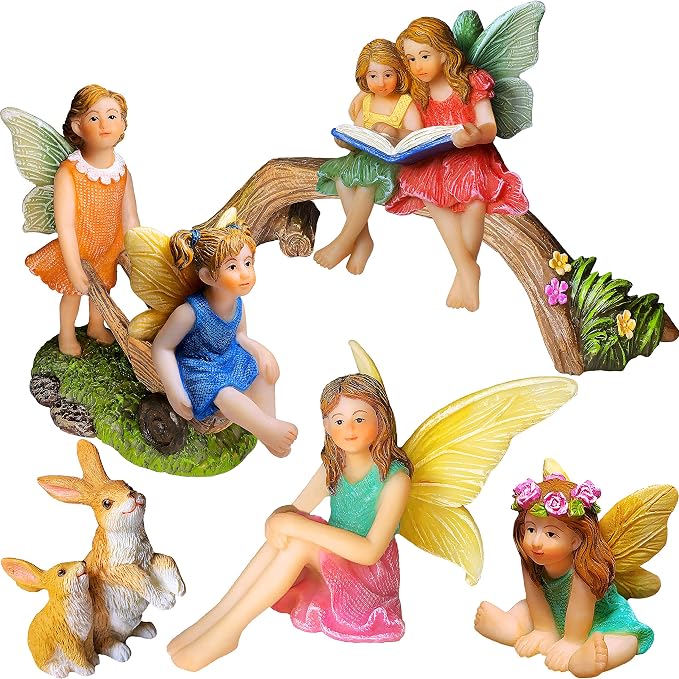 Mood Lab Fairy Garden Figurines - Fairy Statue Set (6 pcs) - Miniature Decorative Statues & Accessories - Outdoor & Indoor Garden Decor
