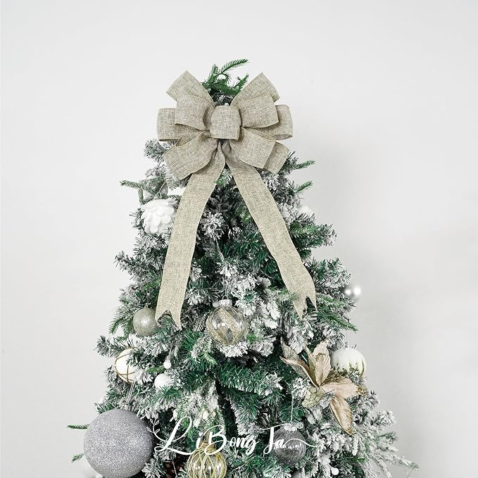 13" Burlap Wired Ribbon Bow Christmas Tree Topper Bow, Rustic Bow Party Decorations, Premade Bows with Twist Tie, Large Gift Bow for Outdoor Wreath, Wedding, Holiday, Birthday-1 PCs