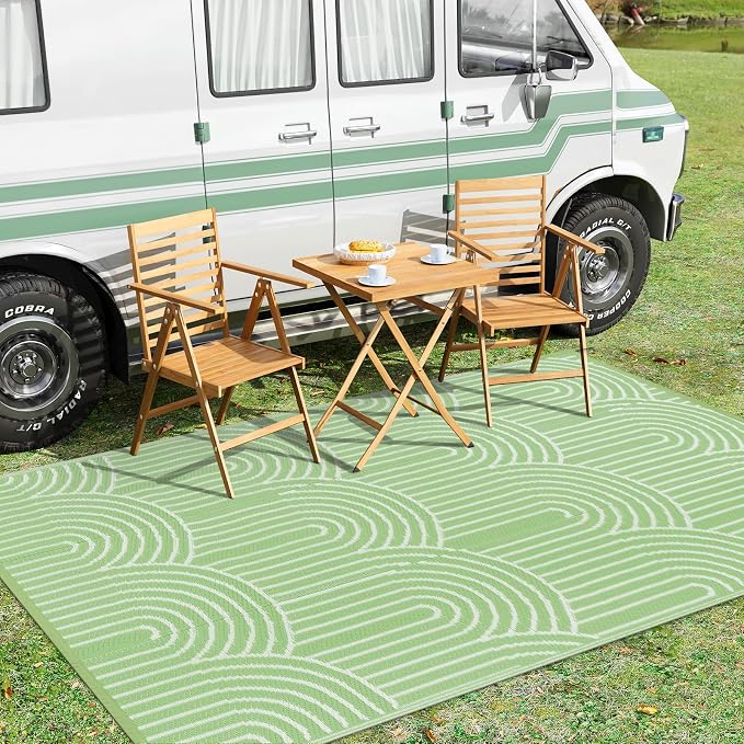Anidaroel Rainbow Patio Rugs Outdoor 8’X10’ Waterproof, Reversible Camping Rug for Outside RV, Portable Plastic Straw Outdoor Area Rug for Backyard, Garden, Pool Deck (Green, 8‘X10')