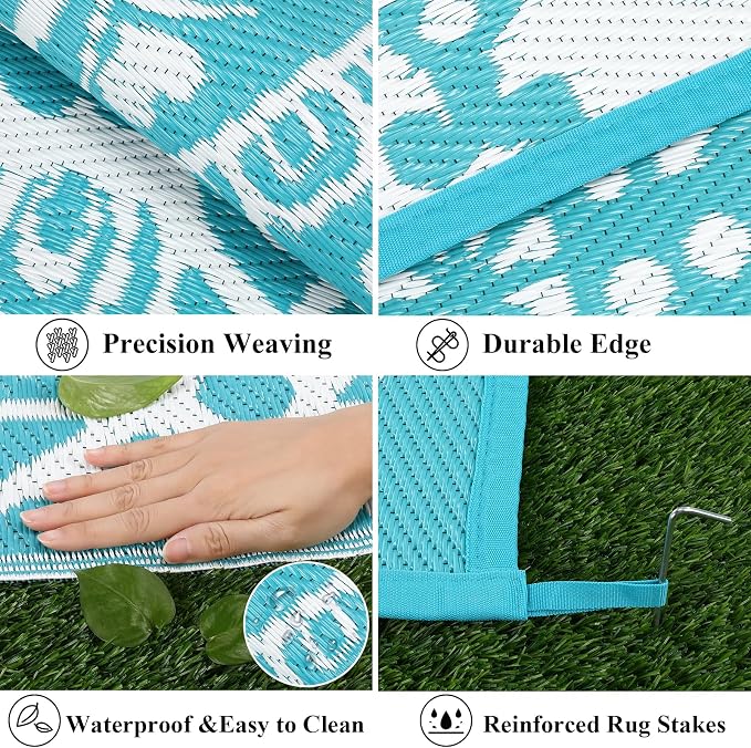 Bsmathom Waterproof Outdoor Rug 9x12ft Large Reversible Boho Plastic Straw Patio Deck Camping Rugs, Indoor Outdoor Portable RV Mat Carpet for Outside, Porch, Balcony, Backyard, Beach, Pool,Teal