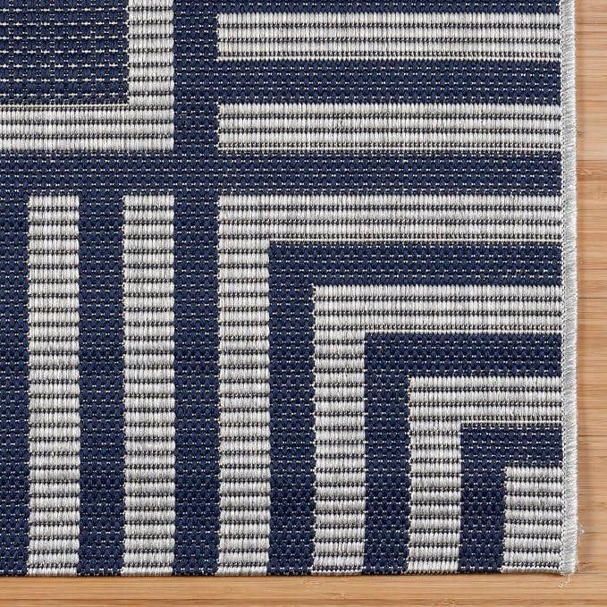 Gertmenian Indoor/Outdoor Flatweave Area Rug - 5x7 Standard, Stain & UV Resistant, Quick-Drying, Ideal for Deck, Patio, Poolside, Mudroom - Klano Striped Navy, Gray, 28009