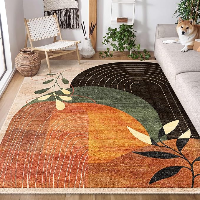 5x7 Area Rugs Washable Non Slip Mid Century Modern Terracotta | Machine Washable Large Throw Carpet for Living Room Bedroom Office Dining Room Indoor Boho Abstract Botanical Retro Rust