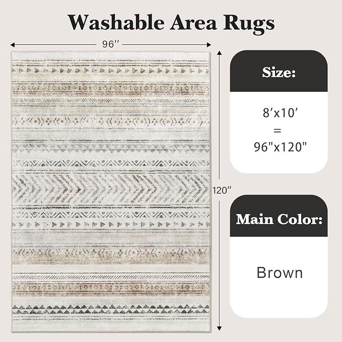 Art&Tuft Washable Rugs 8x10, Area Rugs for Living Room, Brown | Low Pile, Soft & Lighweight, Folable, Stain Resistant Indoor Floor Mat Moroccan Carpet for Bedroom, Dining Room, Home Office