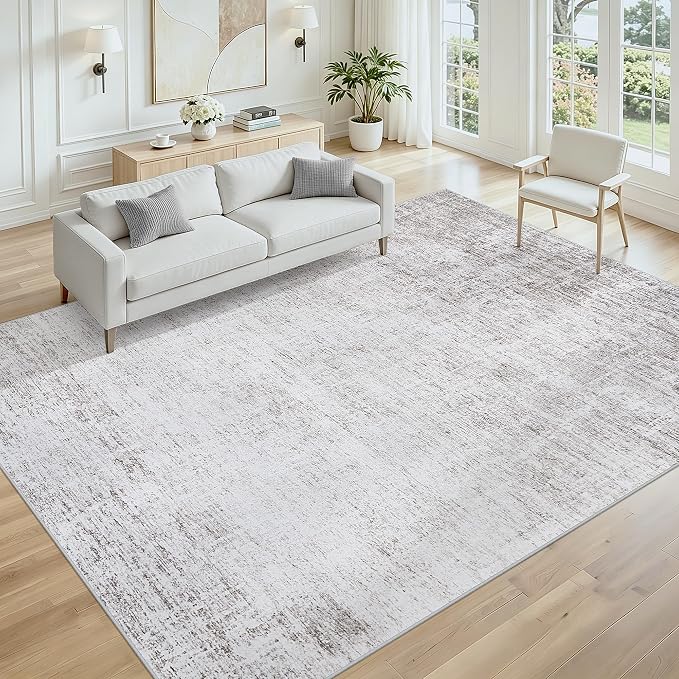 Washable 8x10 Abstract Grey White Area Rugs for Living Room | Large Modern Neutral Rugs Soft Non Slip Stain Resistant Low Pile Carpet Dining Room Bedroom Indoor Nursery Home Office