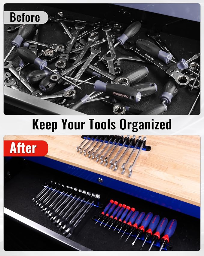 WORKPRO Magnetic Screwdriver and Wrench Organizer Set, 36-Slot Tool Holders | 3-Pack Aluminum Rails, Magnetic Force, Flexible High-Tension Tool Clips, For Tool Box Drawer & Wall-Mount Storage