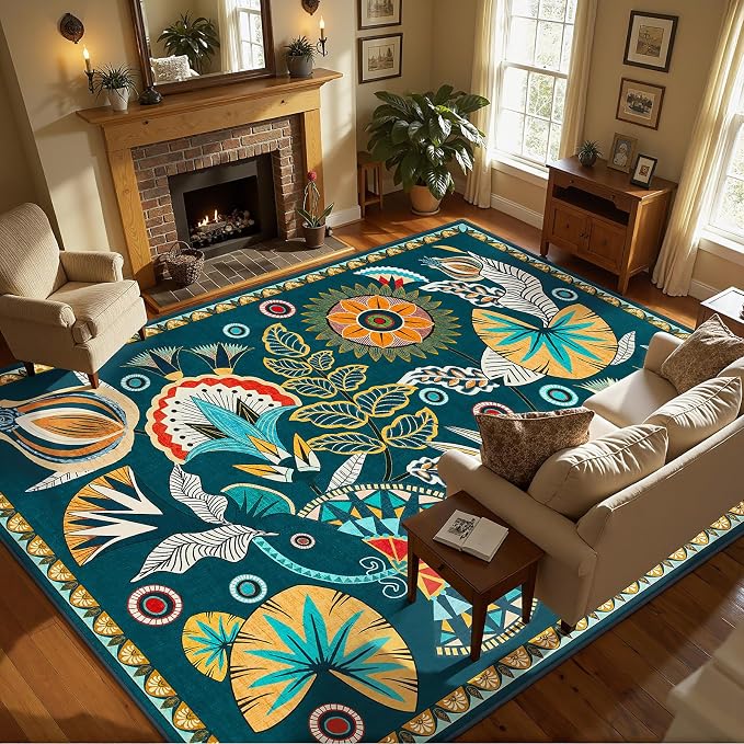 Joydeco Egypt Floral Washable Large Living Room Bedroom Rug 8x10 Under Bed | Boho Dark Green Vintage Botanical Colorful Non Slip Vintage Flower Indoor Throw Carpet for Dining Room Guest Room Playroom