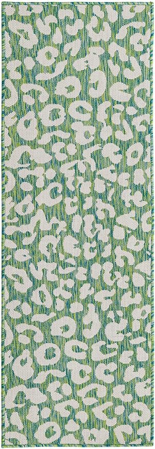 Unique Loom Outdoor Safari Collection Area Rug - Leopard (2' x 6' 1" Runner, Green Blue/ Ivory)