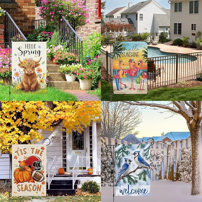 Heyfibro 12pcs Seasonal Garden Flags Set 12x18 Inch Double Sided Burlap, Highland Cow Gnome Outdoor Flag for Spring Summer Fall Winter Halloween Thanksgiving Christmas St. Patrick's Day Easter Decor