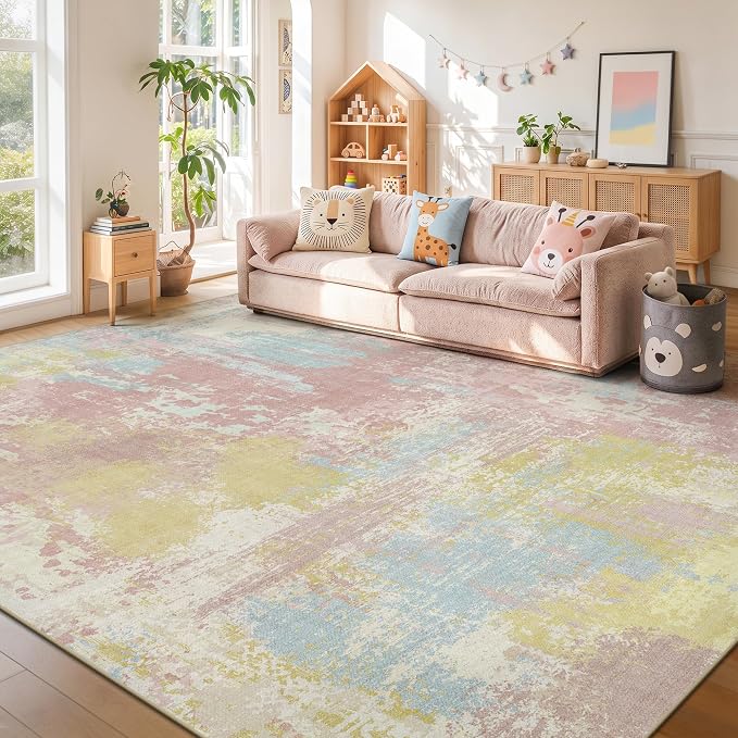 8x10 Rugs for Living Room - Modern Abstract Washable Rug, Ultra Soft Non Slip Low Pile Large Rugs, Floor Carpet for Bedroom Dining Room Office Laundry Nursery Home（Macaron Colors）