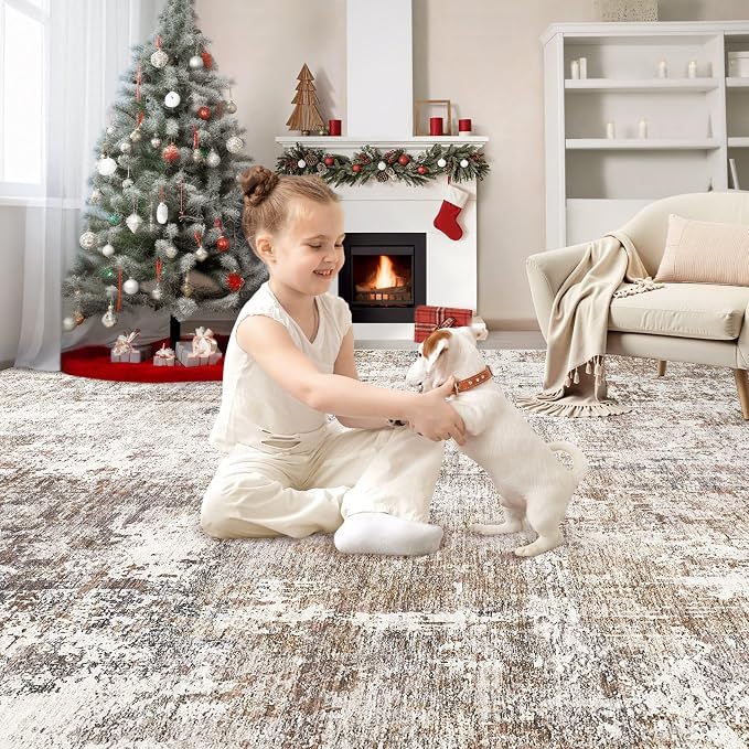 UERMEI Area Rug Living Room Rugs - Washable Neutral Modern Abstract Soft Thin Rug Indoor Floor No Slip Rug Carpet for Bedroom Under Dining Table Home Office Decor - Brown/Grey/Red - 9x12