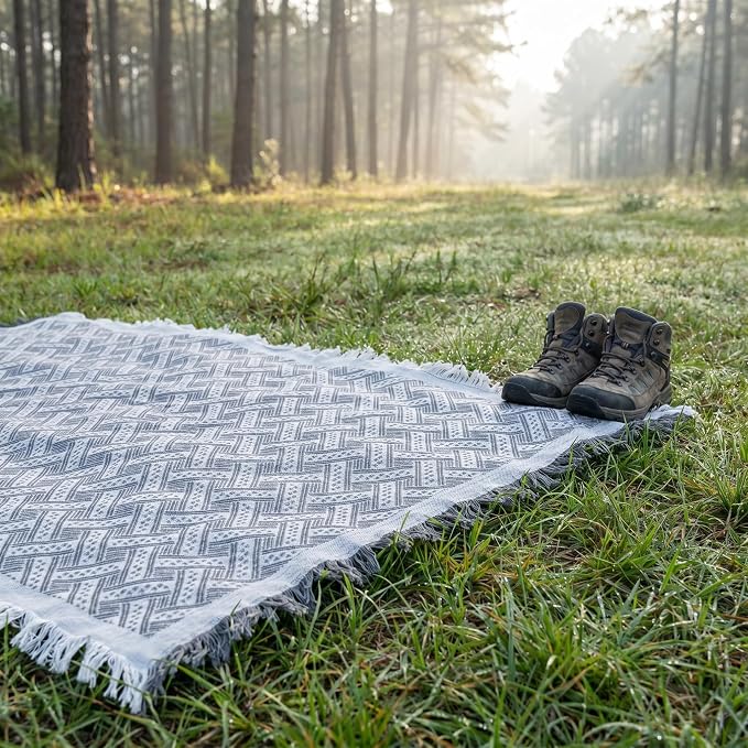 70x70 Bohemian Picnic Mat Extra Large, Sand Proof Outdoor Camping Blanket Machine Washable, Lightweight Portable Travel Tarp for 5-7 Adults Beach Park Grass (Gray-T-Grid)
