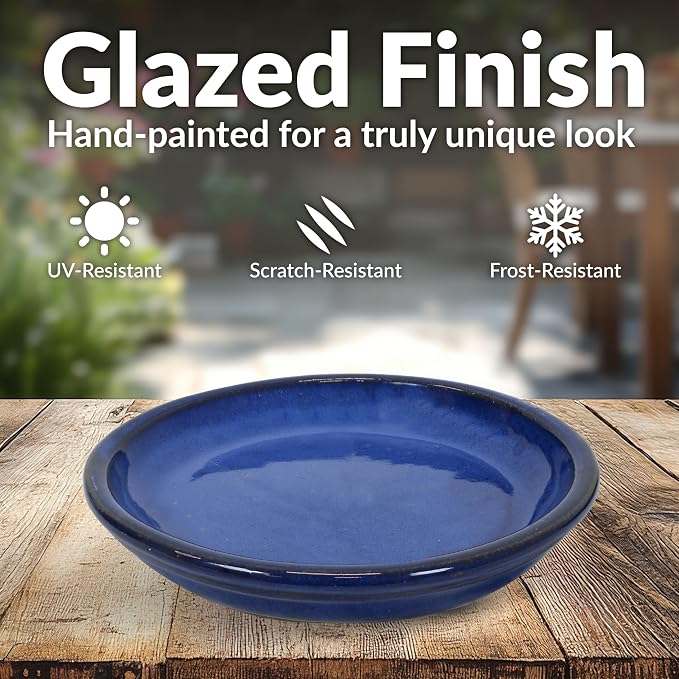 Sunnydaze 7-Inch Ceramic Plant Saucers - Plant Drip Trays for Outdoor Planter Flowerpot Drainage - Set of 4 - Imperial Blue