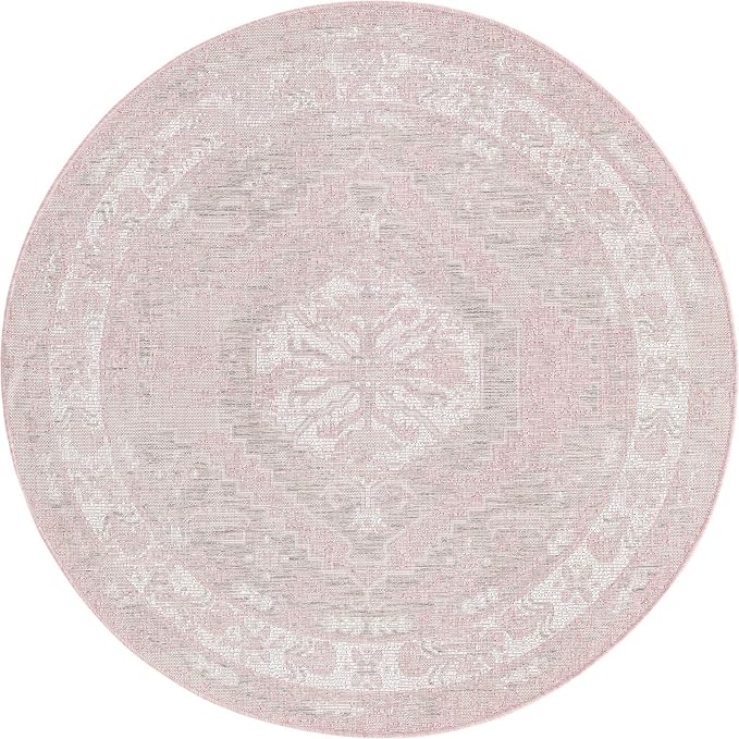 Unique Loom Outdoor Traditional Collection Area Rug - Valeria (5' 3" Round, Pink/ Ivory)