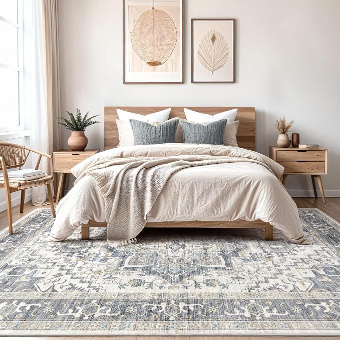 DTICON Vintage Washable 8x10 Area Rug Living Room Rugs, Light Blue | Boho Distressed, Pet & Kid Friendly, Non-Slip Backing, Soft Polyester, Low-pile Carpet for Living Room, Bedroom, Dining Room