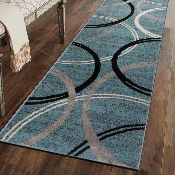 Rugshop Wavy Circles Modern Jute Backing Runner Rug Blue 2'7" x 6' | Rectangular, Size 2'7" x 6', Living Room, Bedroom, Dining Room, Home Office, Kitchen, Entryway, Hallway, Nursery, Kids Room