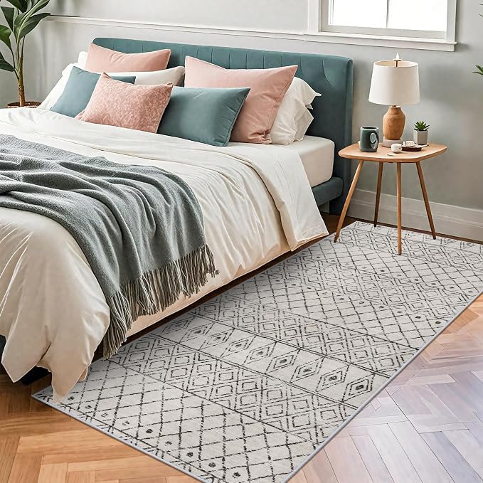 Geometric Grey 3x6 Washable Non Slip Rug:Moroccan Runner Rug | Soft Low Pile Indoor Floor Mat, Pet Friendly Design, Ideal for Front Door, Kitchen, Bedroom, Entryway ,laundry room