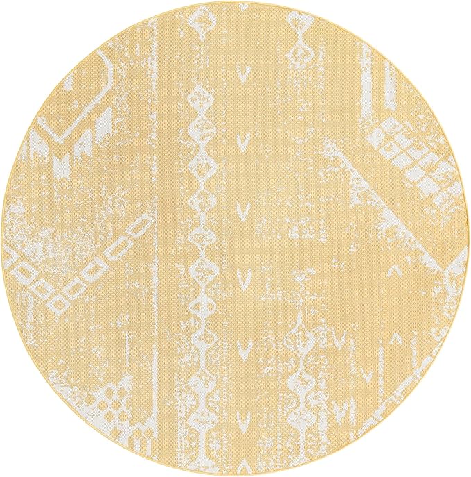 Unique Loom Outdoor Bohemian Collection Area Rug - Anthro (7' 10" Round, Yellow/ Ivory)