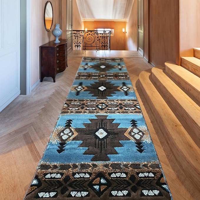 YHSF Southwest Native American Area Rug – Thick, Soft, Durable & Easy to Maintenance Tribal Design Boho Rug– Ideal for Bedroom, Living Room & Hallway - Blue-Brown, 2 Feet x 7 Feet