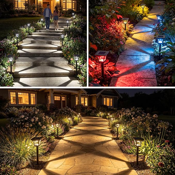 CINOTON 24 Pack RGBCW Solar Pathway Outdoor Lights, 3 Lighting Modes Solar LED Garden Lights, IP65 Waterproof Outside Solar Powered Landscape Lighting for Planter Lawn Pool Balcony RGB/Warm/Cold White